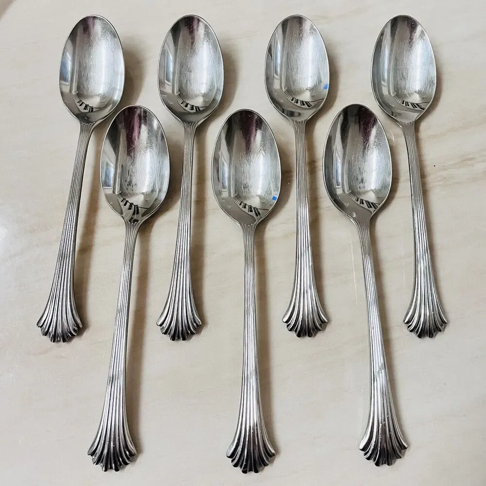 7pc INTERNATIONAL Tiara Soup Spoon Stainless 18/8Fan Ribbed/Ridges Glossy Korea